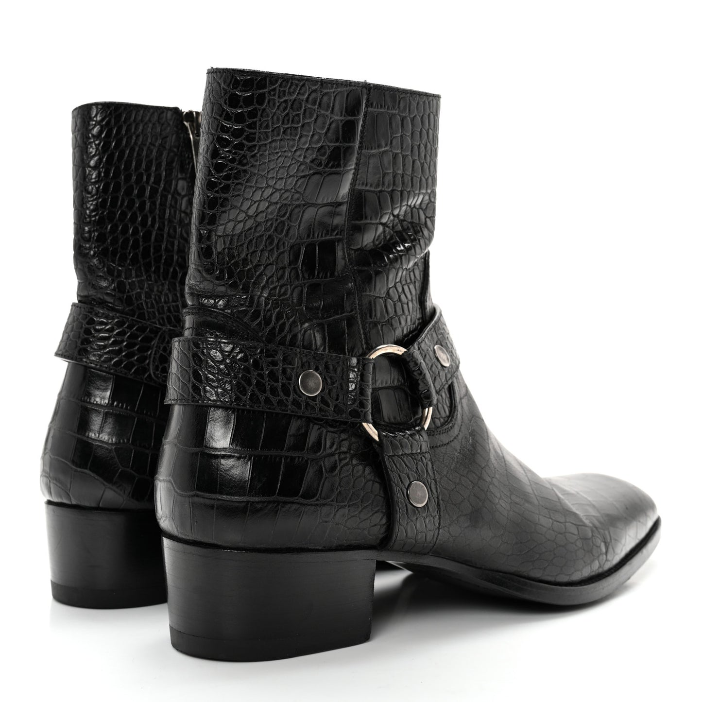Calfskin Crocodile Embossed Mens Wyatt Harness Boots 44 Black