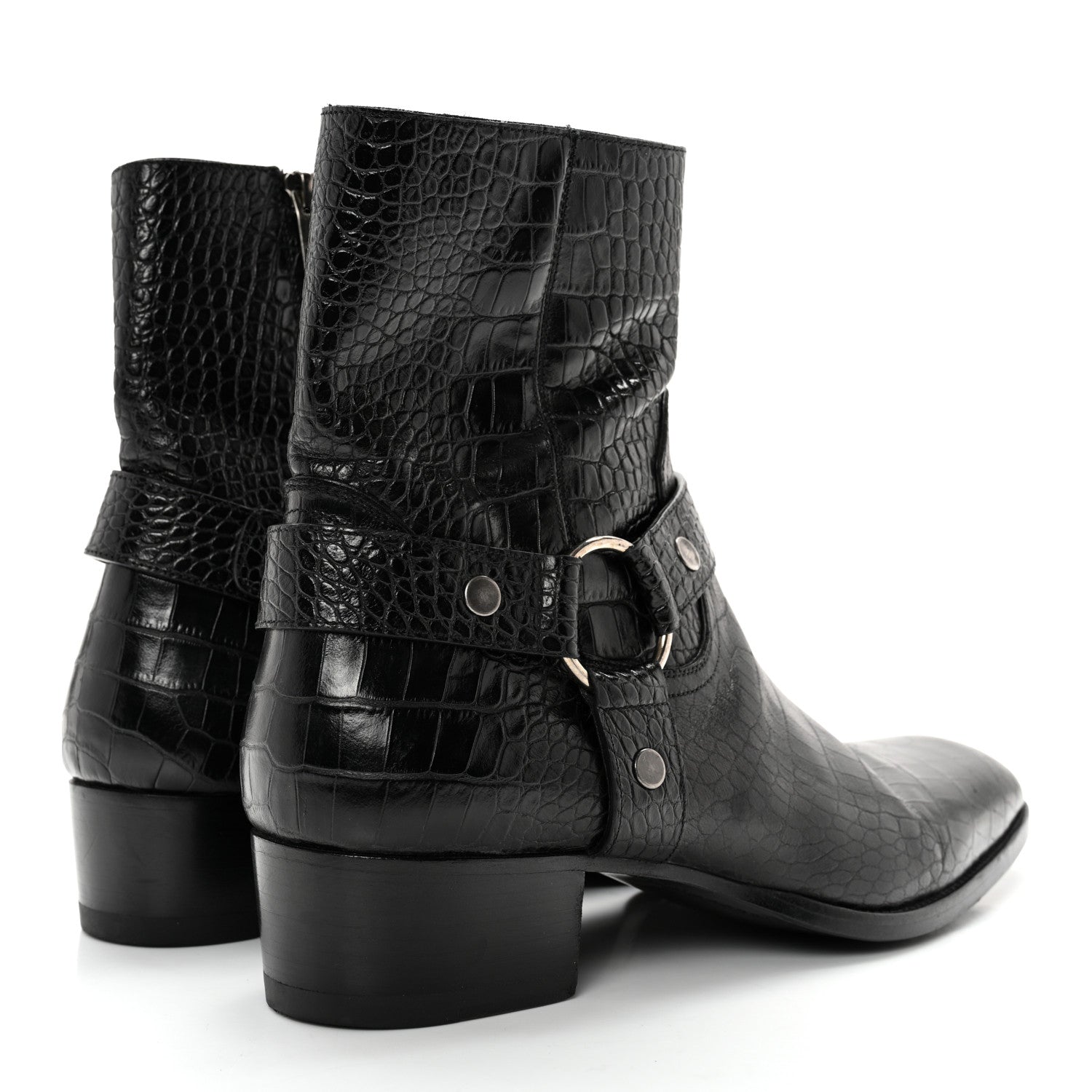 Saint Laurent Calfskin Crocodile Embossed Mens Wyatt Harness Boots 44 Black 4 of 11