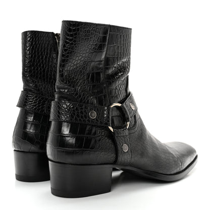 Saint Laurent Calfskin Crocodile Embossed Mens Wyatt Harness Boots 44 Black 4 of 11