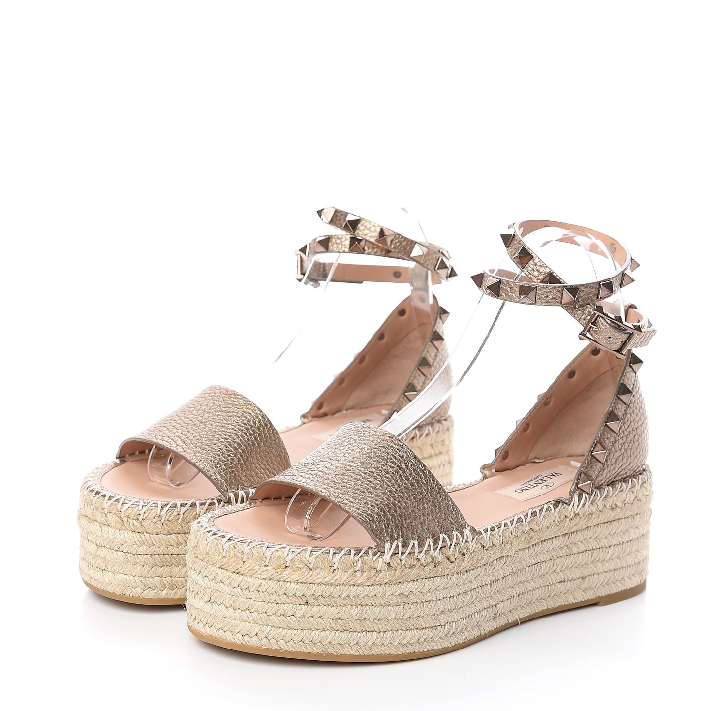 Metallic Grained Calfskin Rockstud Ankle Wrap Espadrille Flatform Sandals 36 Skin Natural