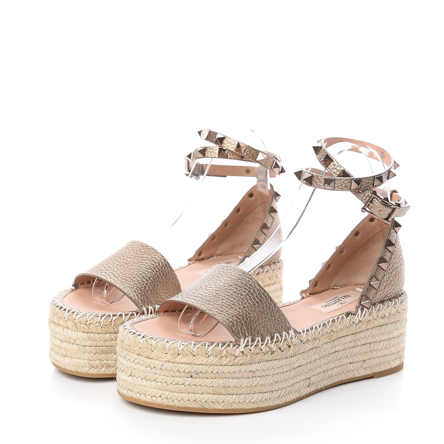 Valentino Garavani Metallic Grained Calfskin Rockstud Ankle Wrap Espadrille Flatform Sandals 36 Skin Natural 3 of 9