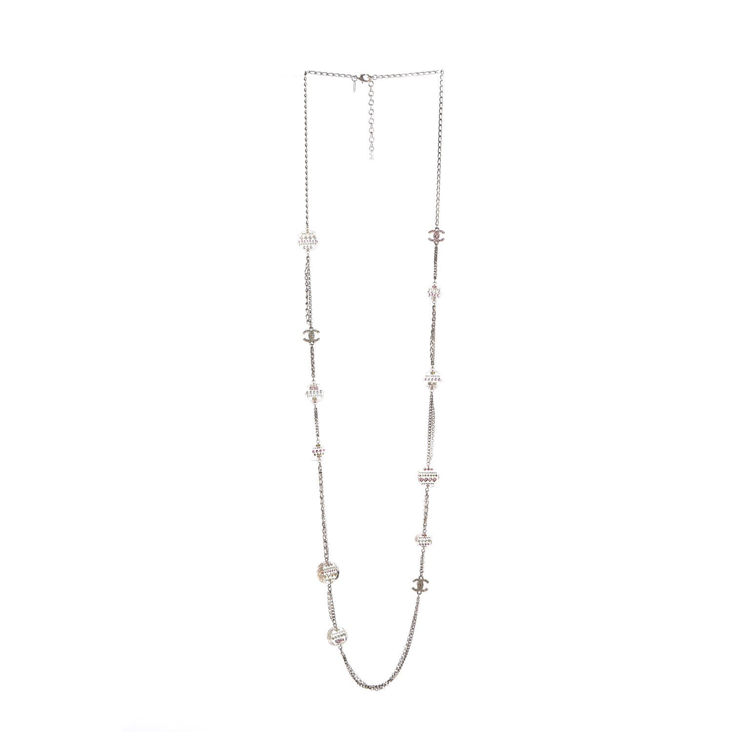 Chanel Resin Crystal Long CC Necklace Light Gold Green Pink 3 of 6