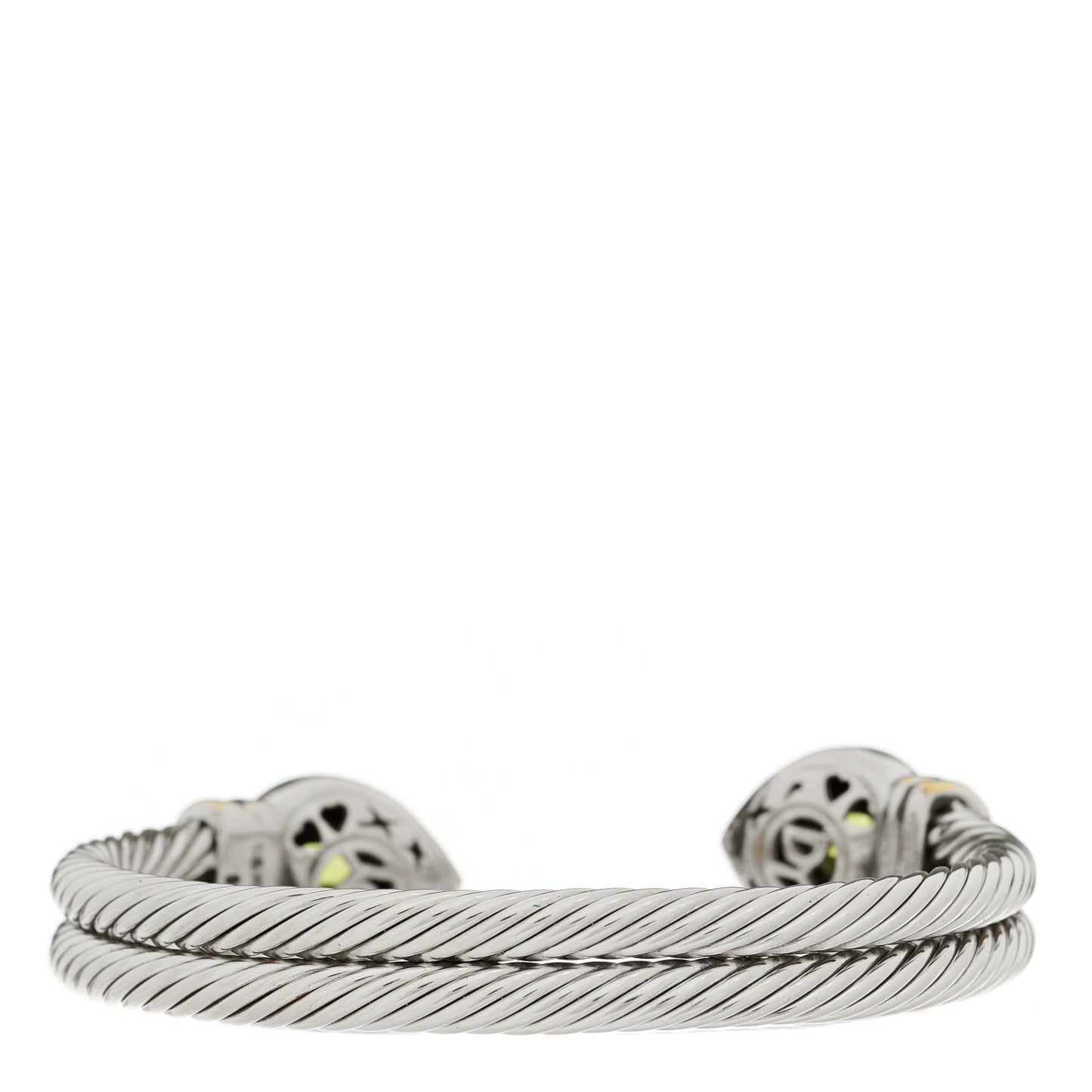 Sterling Silver 14K Yellow Gold Peridot Heart Double Cable Cuff Bracelet