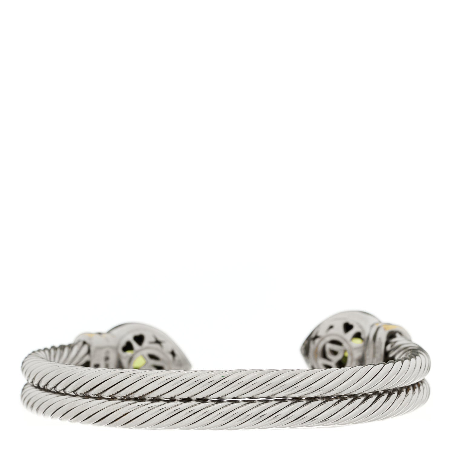 David Yurman Sterling Silver 14K Yellow Gold Peridot Heart Double Cable Cuff Bracelet 2 of 4