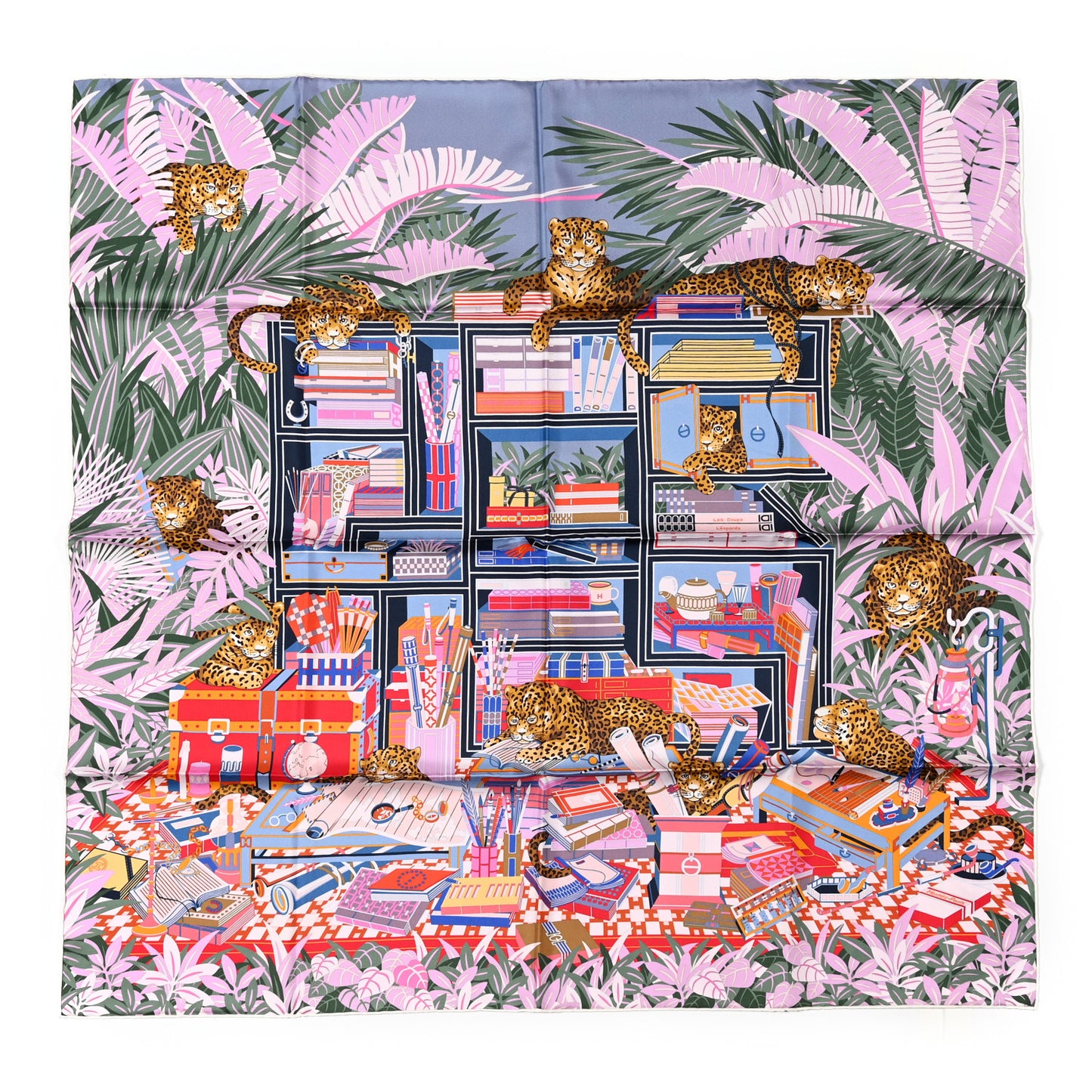 Silk Les Douze Leopards Double Face Scarf 90 Rose Bleu Ciel Rouge