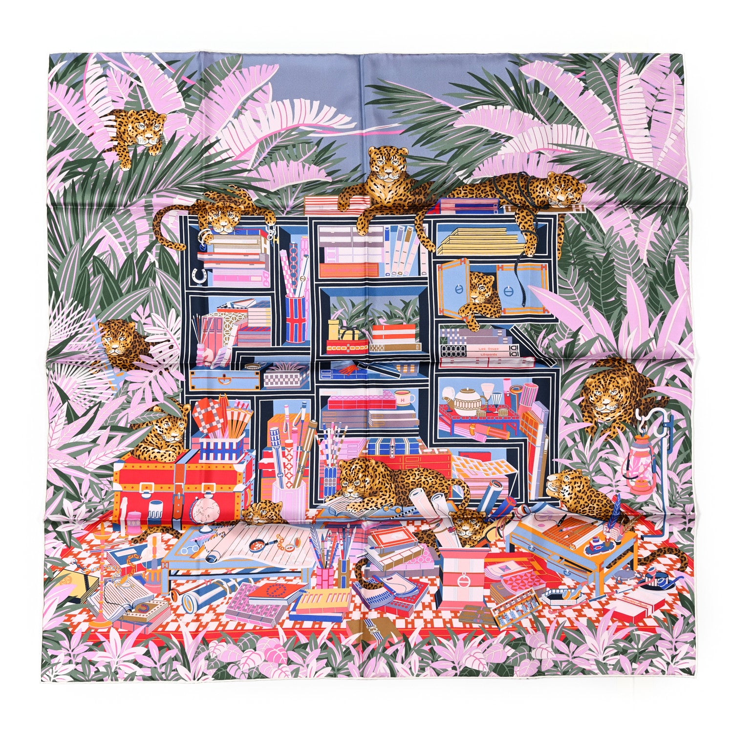 Hermes Silk Les Douze Leopards Double Face Scarf 90 Rose Bleu Ciel Rouge 1 of 4