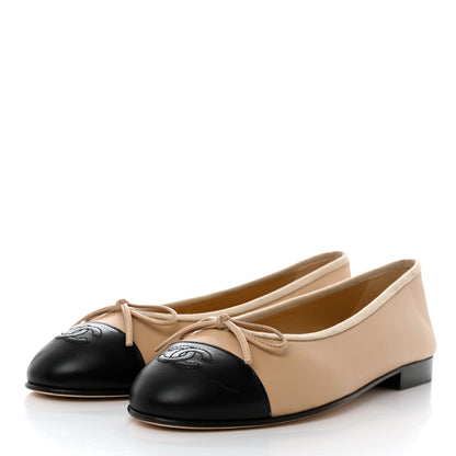 Chanel Lambskin Cap Toe CC Ballerina Flats 37.5 Beige Black 3 of 9