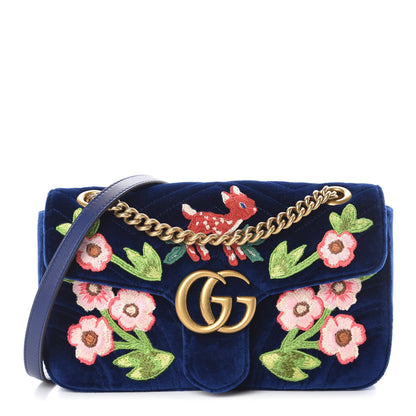 Gucci Velvet Matelasse Deer Embroidered Small GG Marmont Shoulder Bag Cobalt 1 of 9