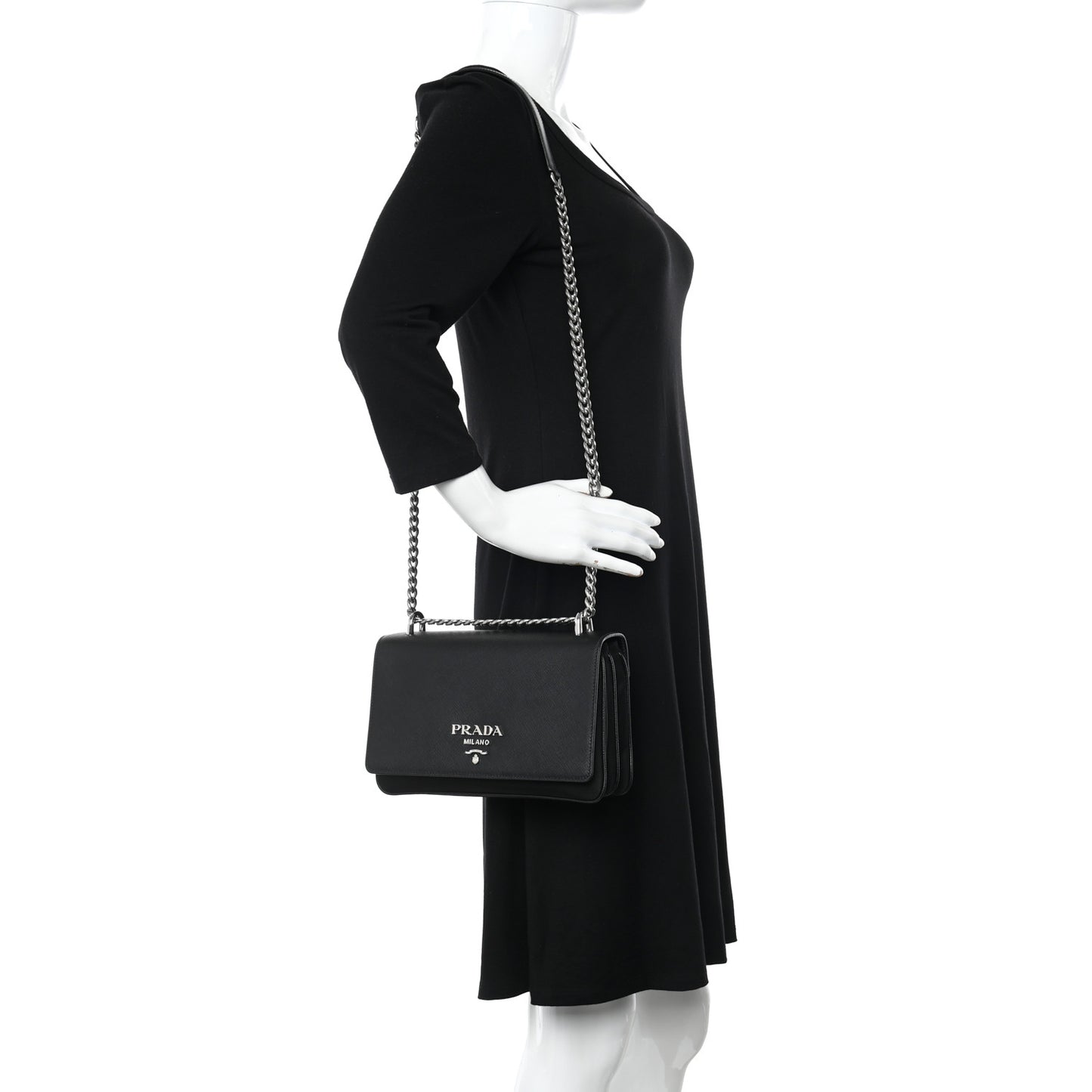 Saffiano Tessuto Nylon Chain Shoulder Bag Black