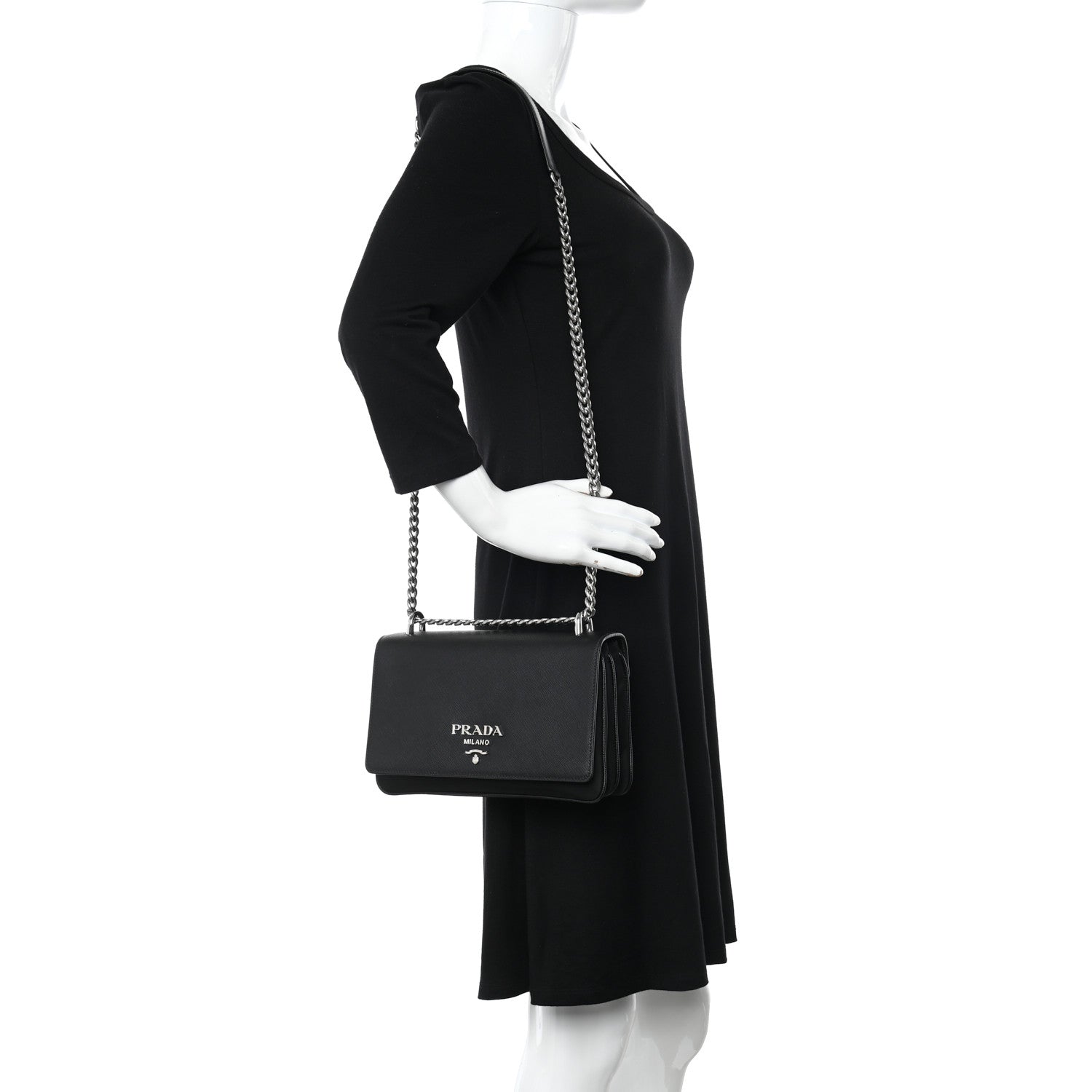 Prada Saffiano Tessuto Nylon Chain Shoulder Bag Black 2 of 11