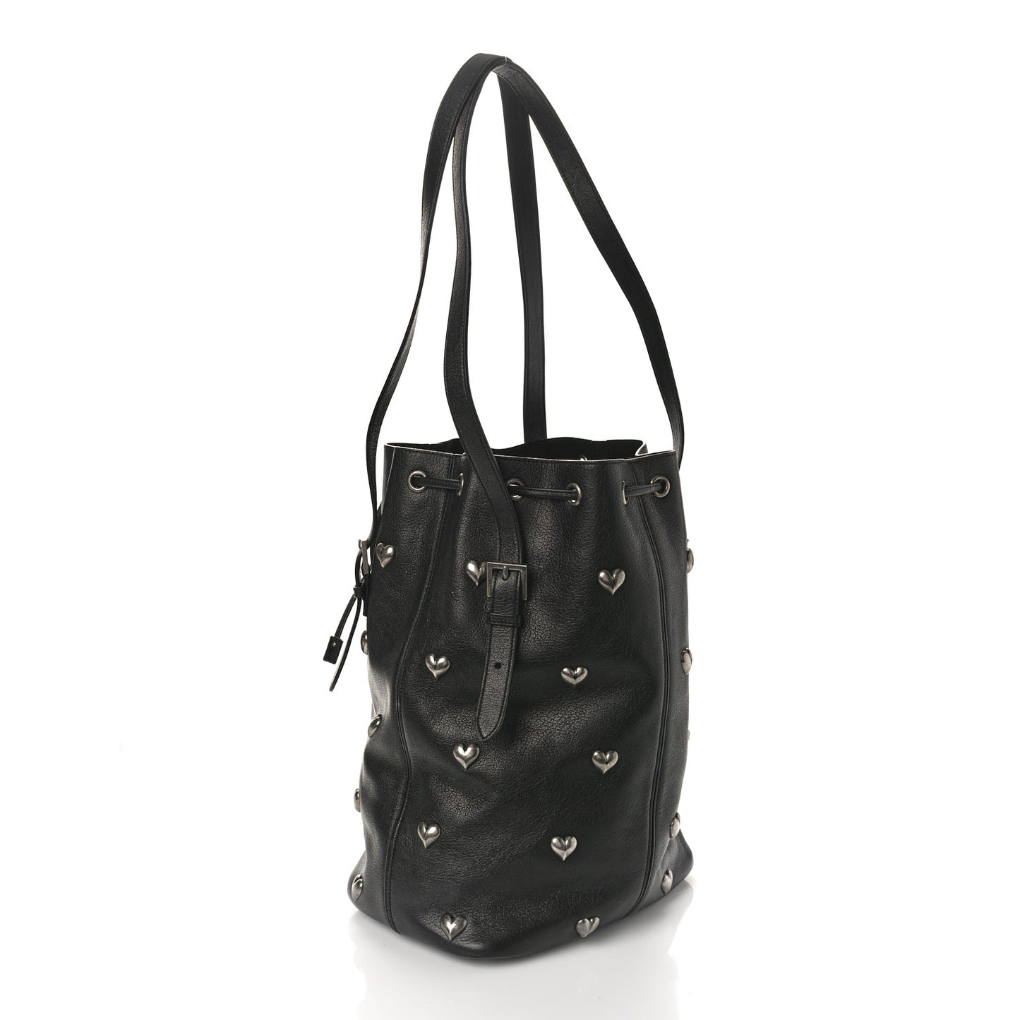 Lambskin Medium Heart Studded Riva Bucket Bag Black