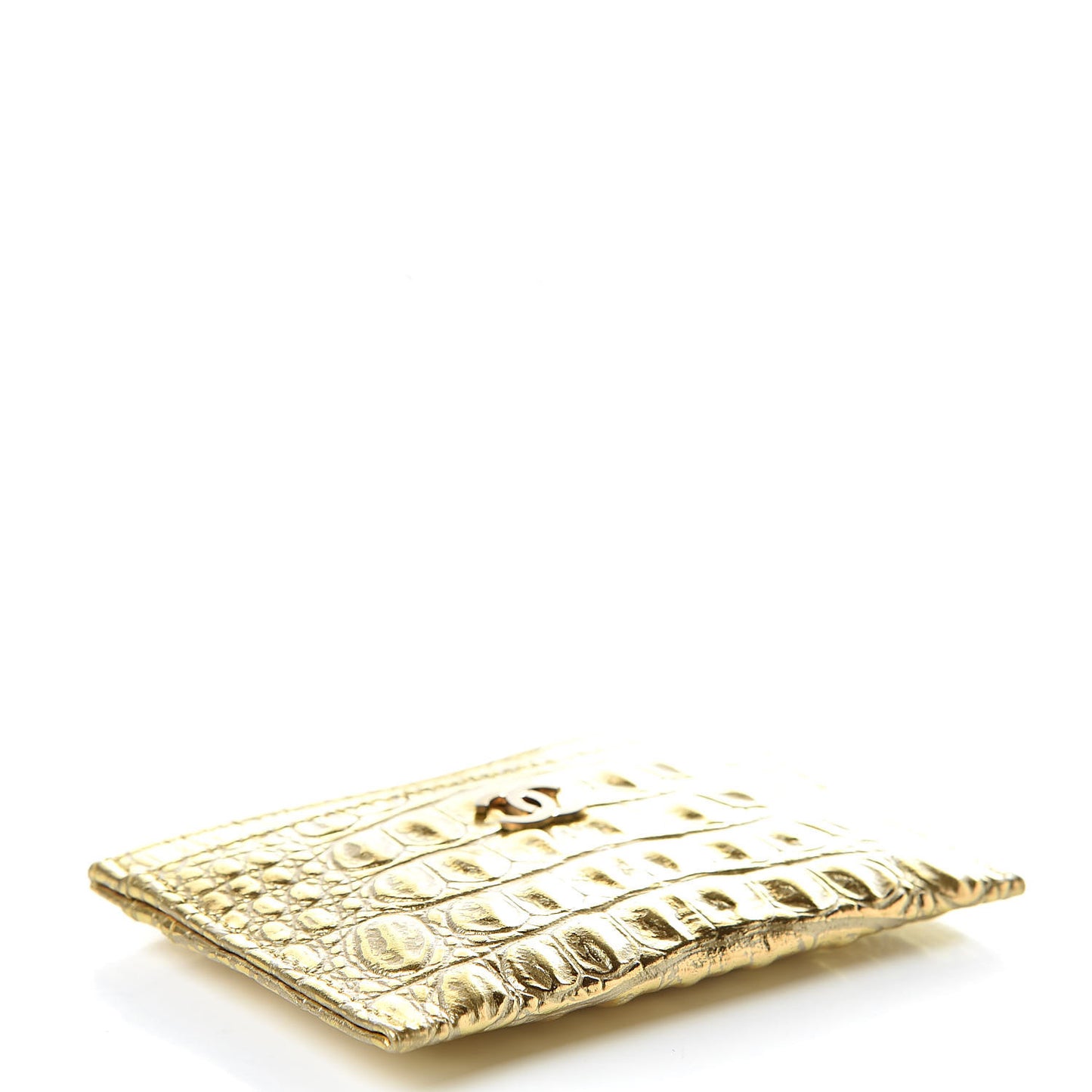 Metallic Calfskin Crocodile Embossed Cocodile Card Holder Gold