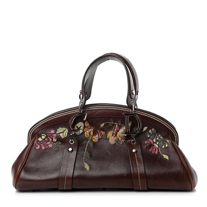 Christian Dior Grained Calfskin Romantic Flowers Frame Satchel Brown 1 of 10