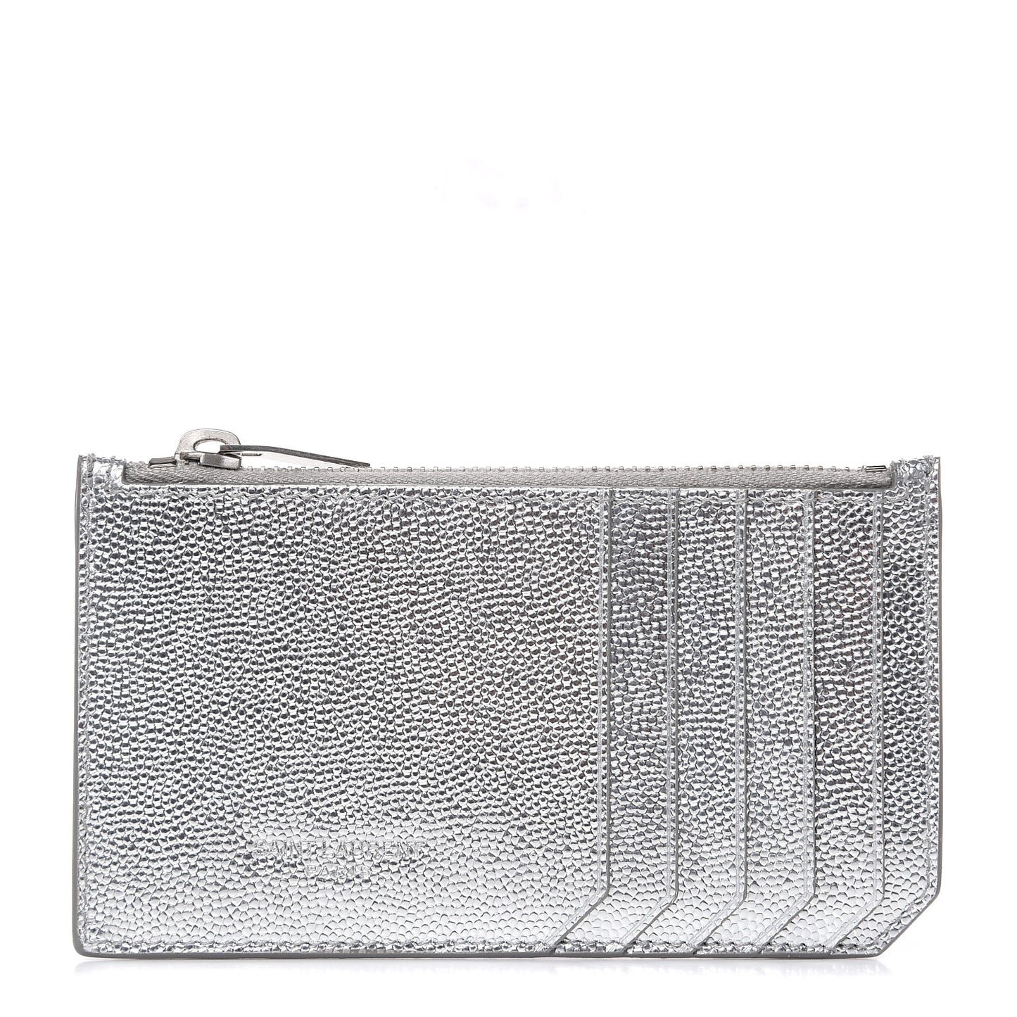 Grained Calfskin 5 Fragments Zip Pouch Card Holder Silver