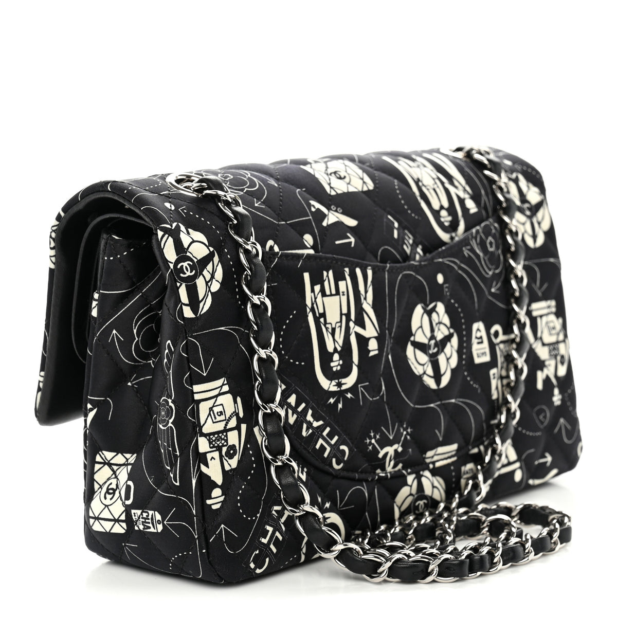 Chanel Satin Airline Printed Medium Double Flap Black White 4 of 19