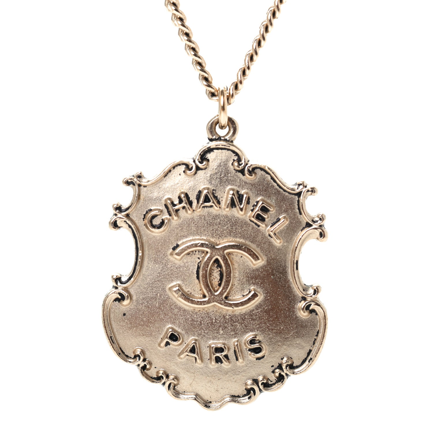Chanel Metal Paris Dallas CC Badge Pendant Necklace Gold 3 of 4