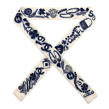 Chanel Silk CC Slim Bandeau Scarf White Blue 1 of 4