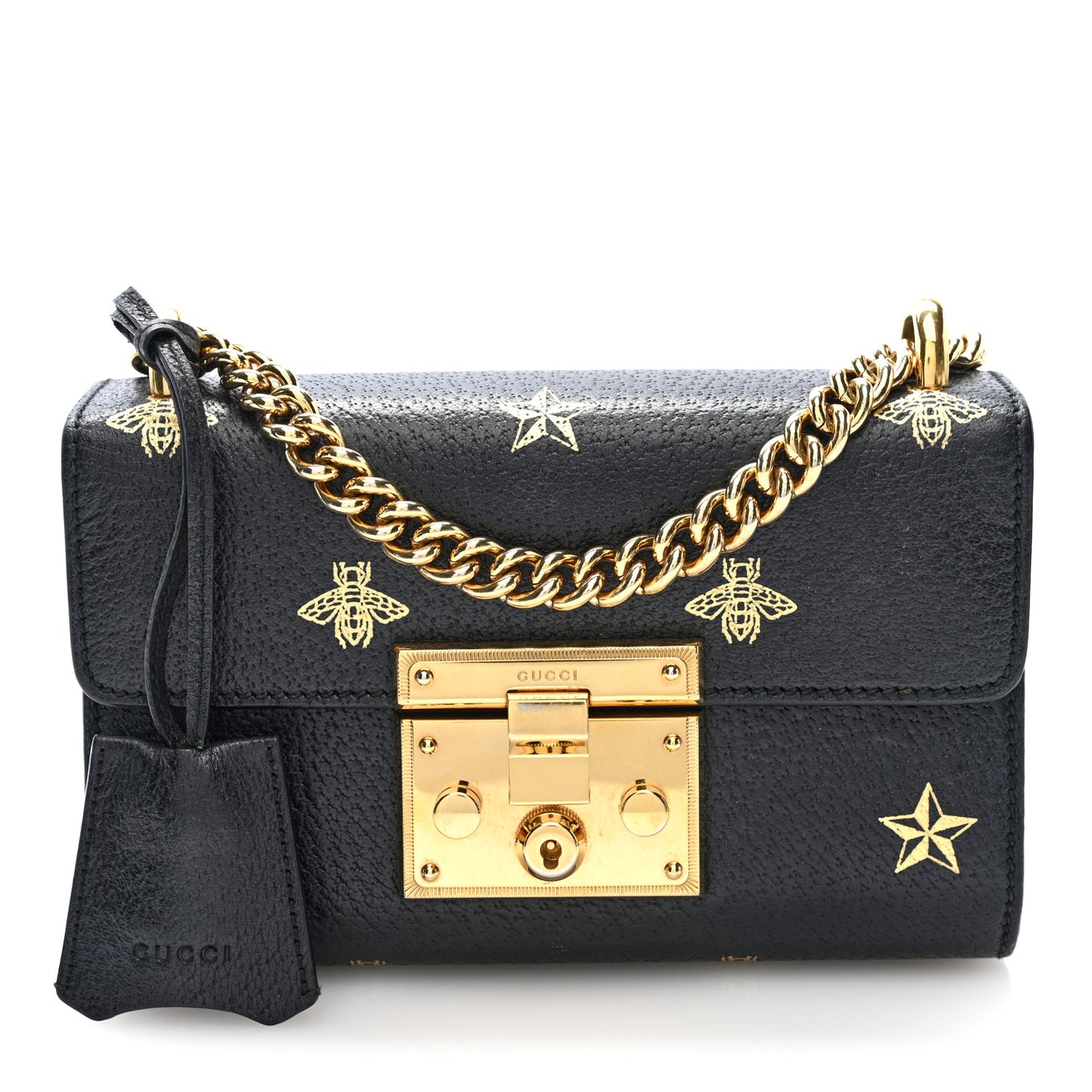 Grained Calfskin Bee Star Small Padlock Shoulder Bag Black
