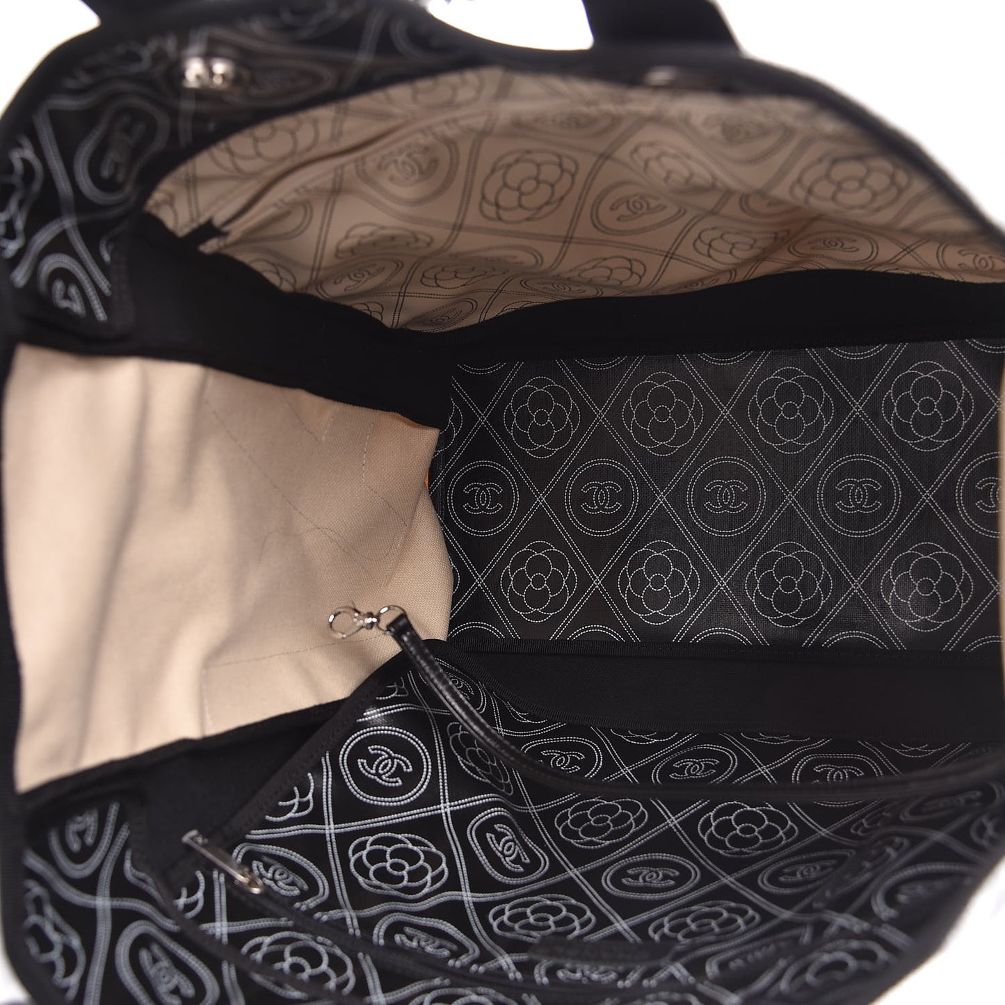 Coated Canvas Camellia Medium Shopping Tote Black Beige