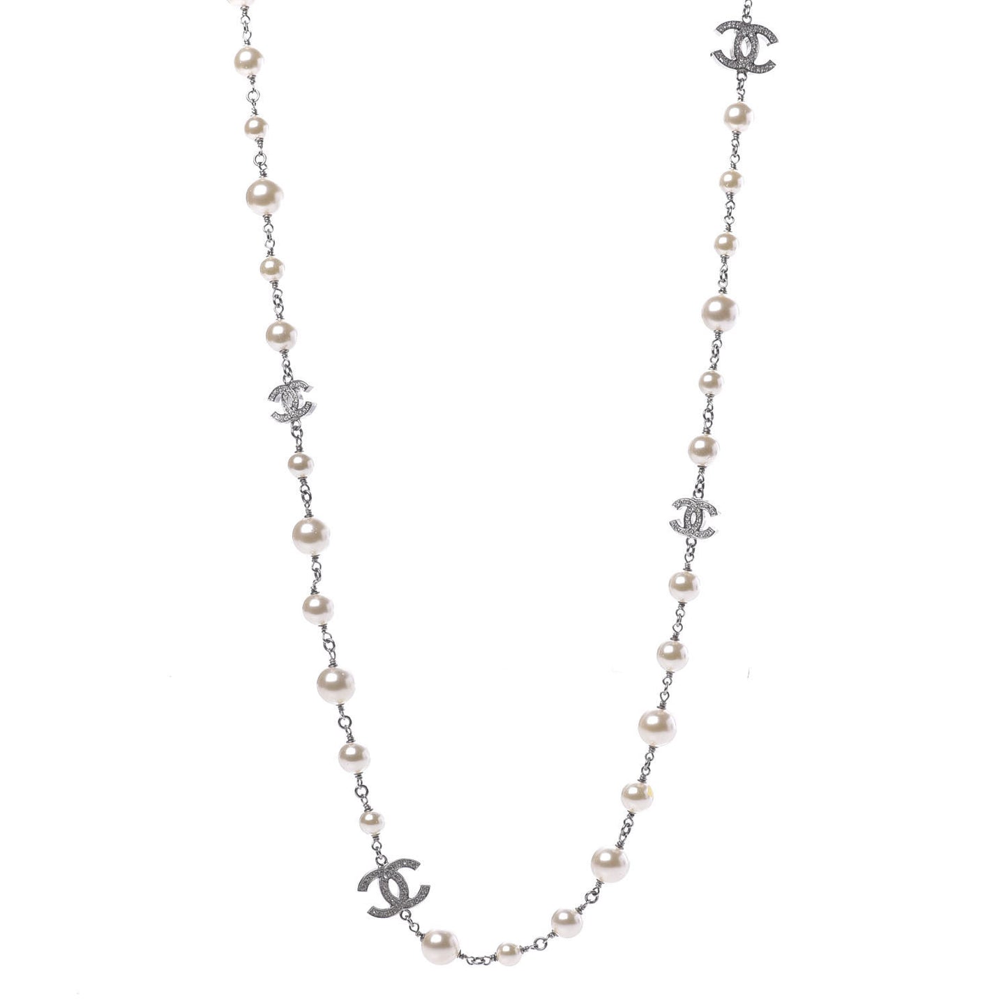 Graduated Pearl Crystal CC Long Necklace Silver