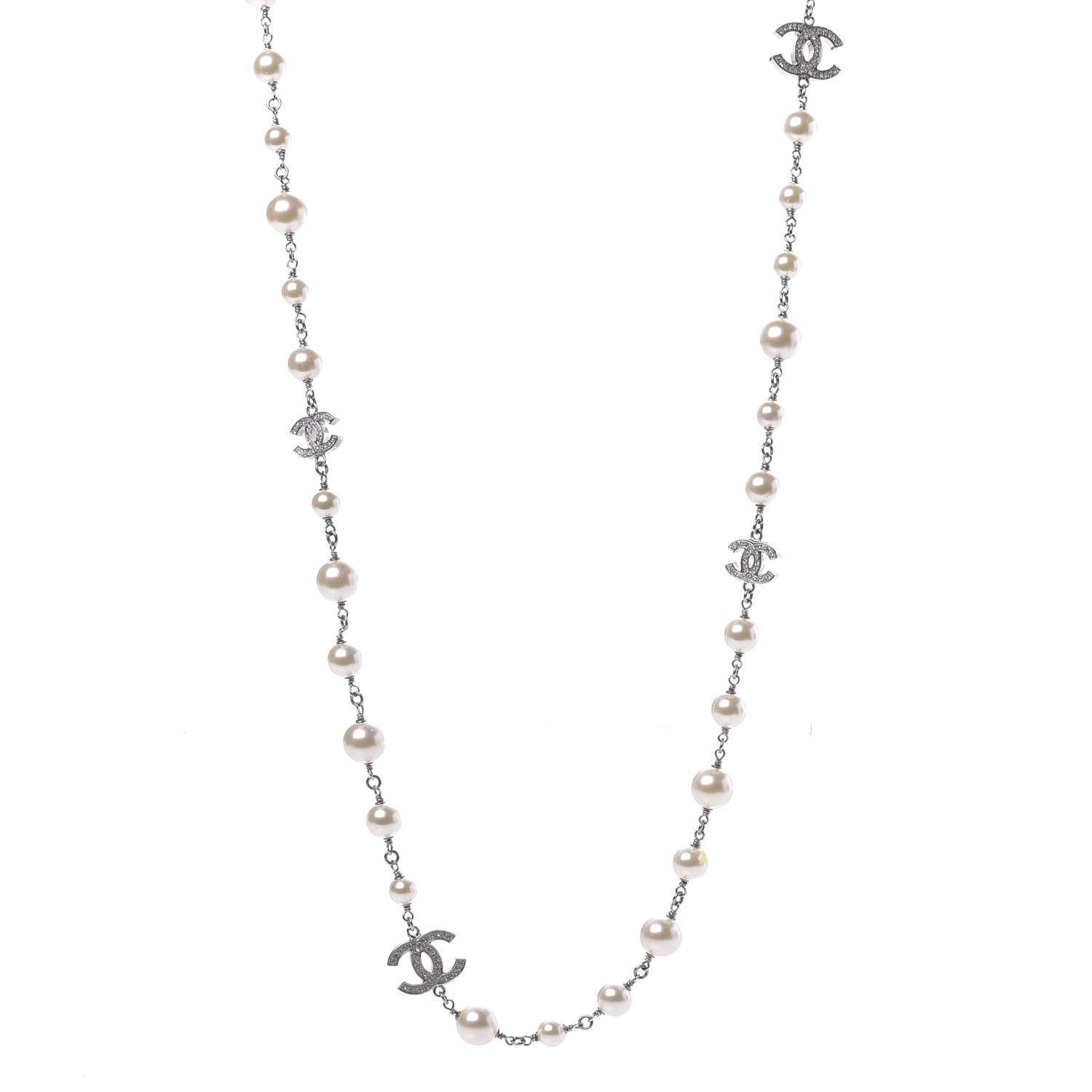 Chanel Graduated Pearl Crystal CC Long Necklace Silver 1 of 10