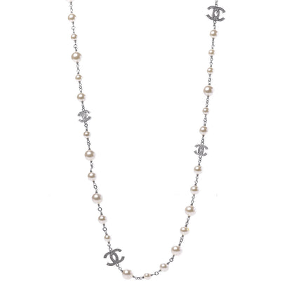 Chanel Graduated Pearl Crystal CC Long Necklace Silver 1 of 10