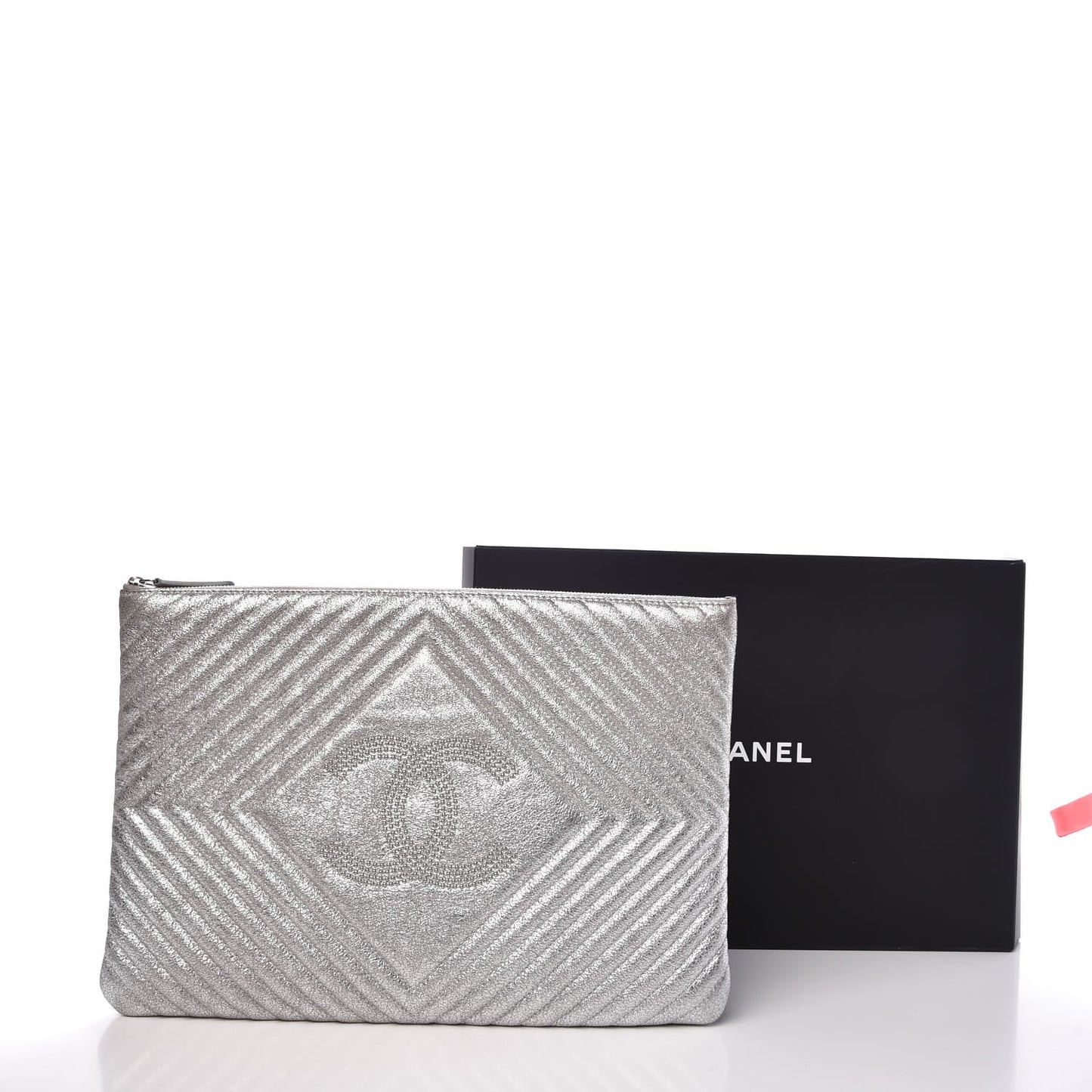 Metallic Crackled Goatskin Studded Chevron Quilted CC Large Zip Clutch Silver