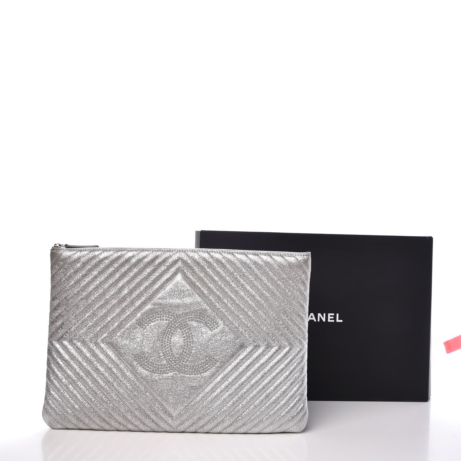 Chanel Metallic Crackled Goatskin Studded Chevron Quilted CC Large Zip Clutch Silver 8 of 8