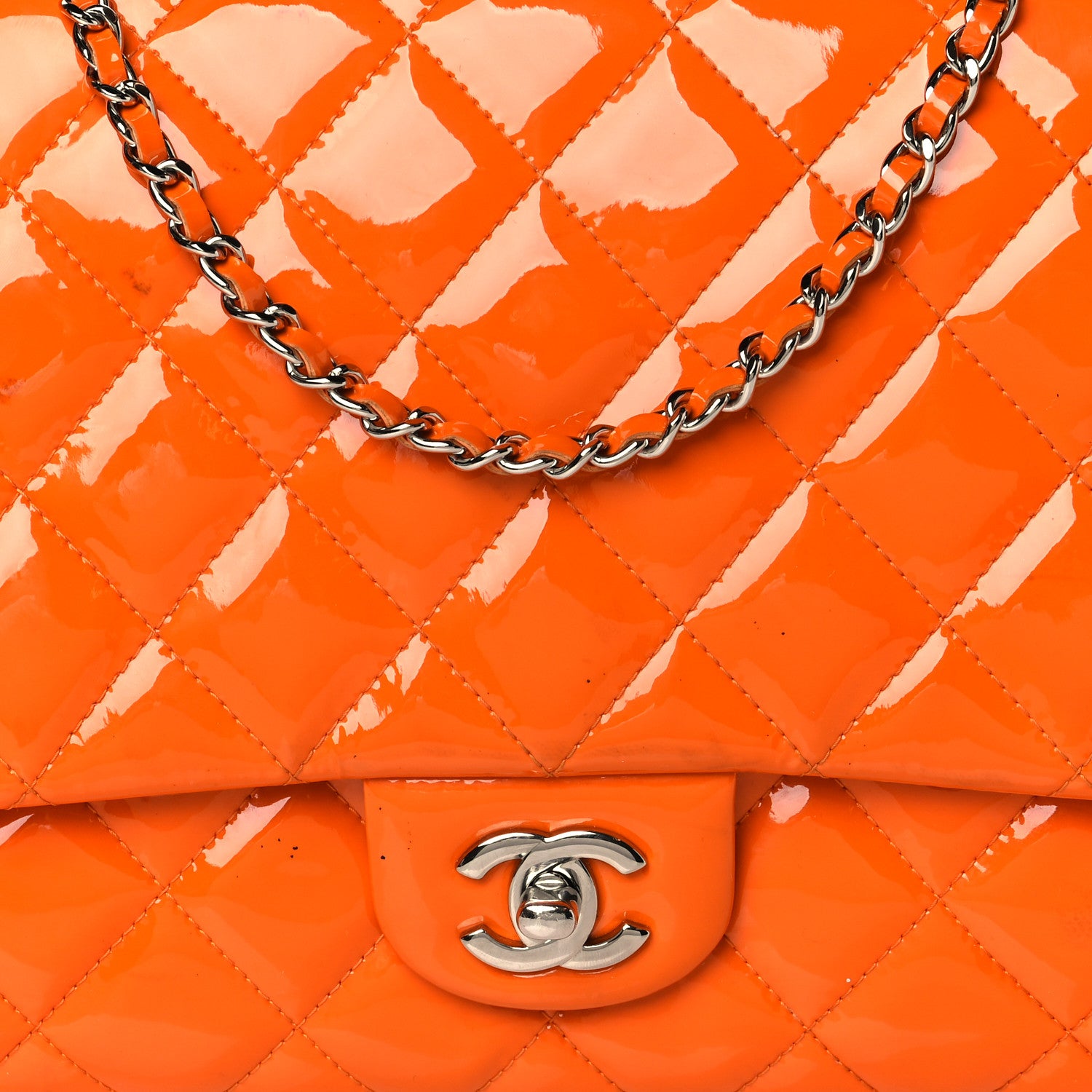 Chanel Patent Quilted Clutch with Chain Flap Orange 8 of 15