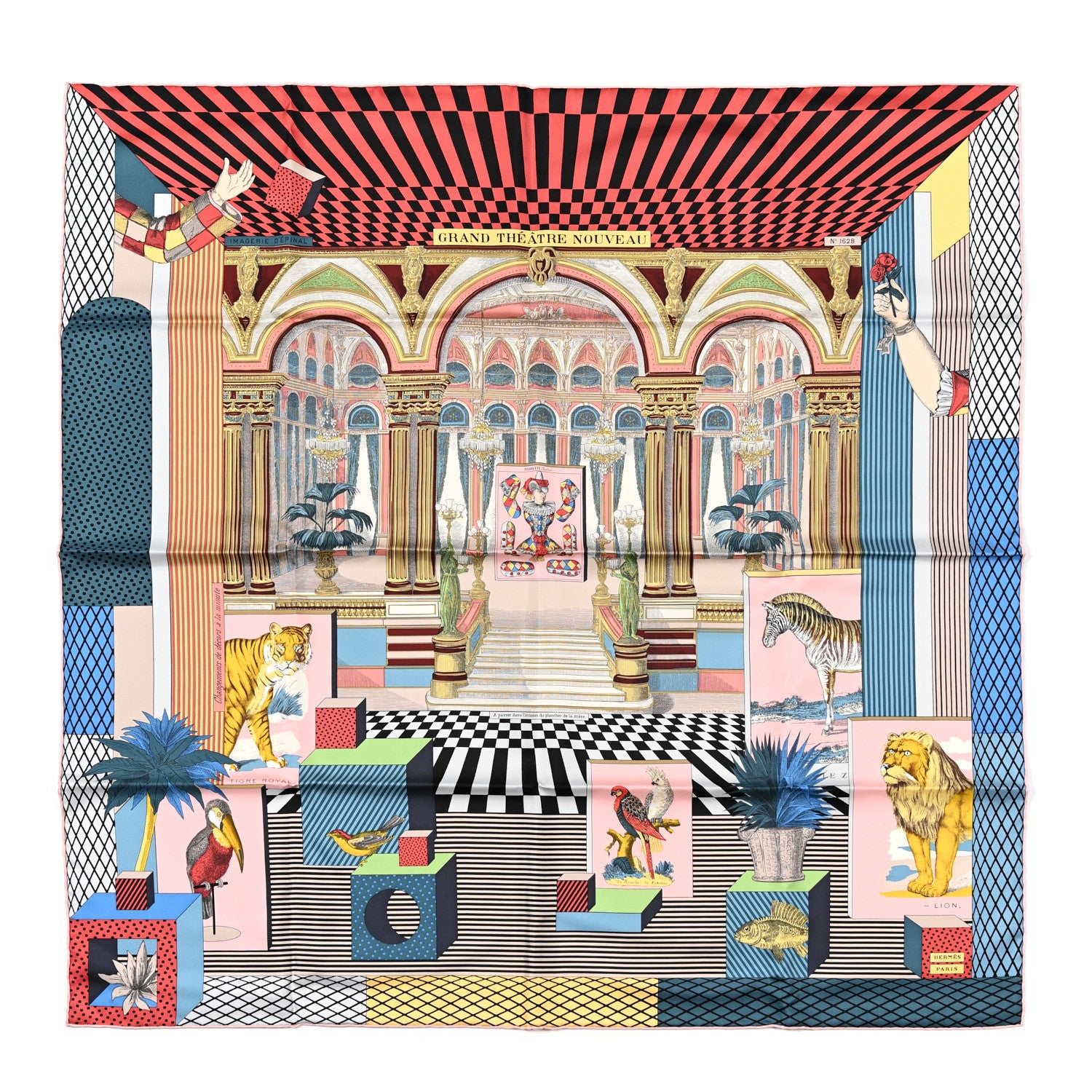 Hermes Silk Grand Theatre Nouveau Scarf 90 Bleu Vieux Rose Vert 1 of 5
