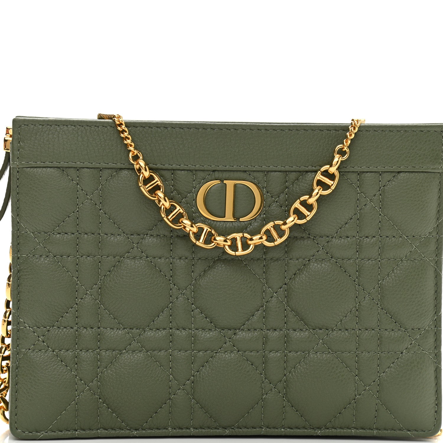 Christian Dior Calfskin Cannage Caro Zipped Pouch With Chain Cedar Green 8 of 10