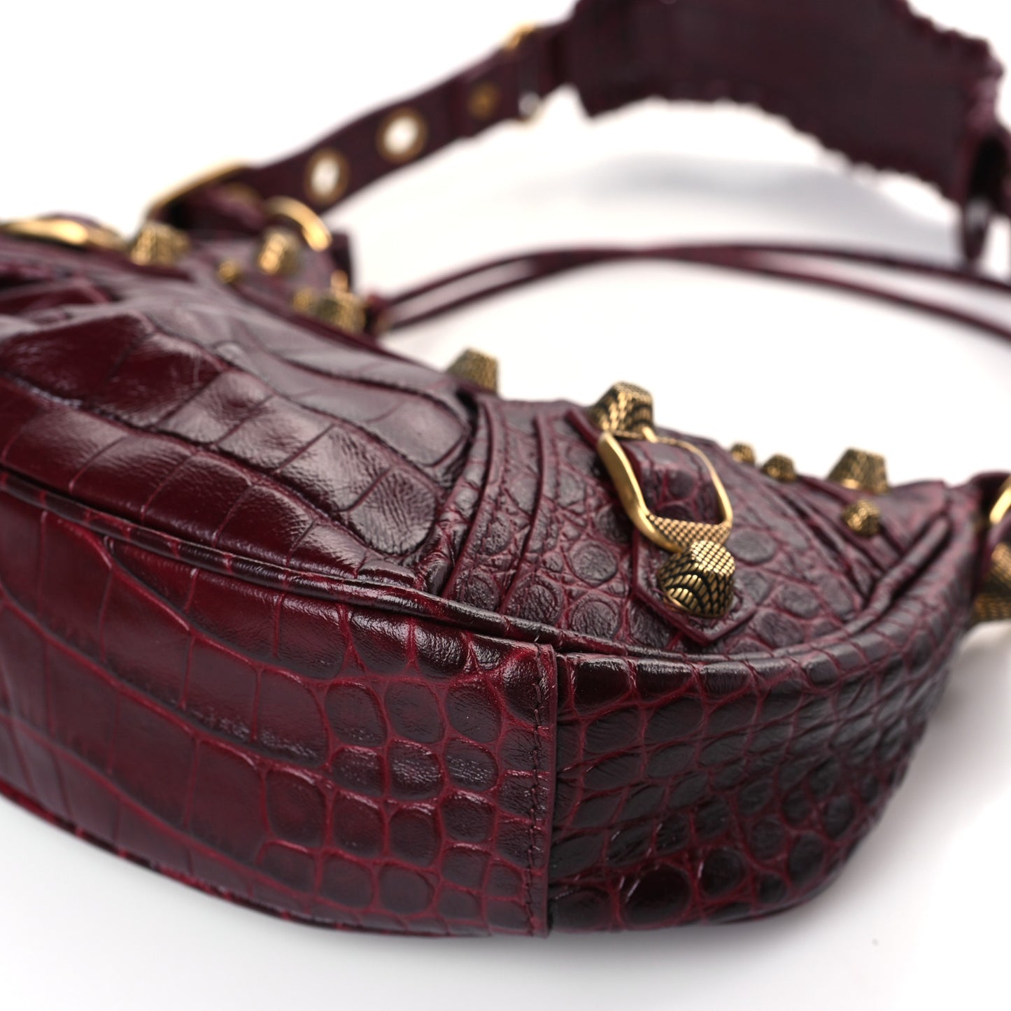 Extra Supple Calfskin Crocodile Embossed Le Cagole Shoulder Bag XS Dark Red
