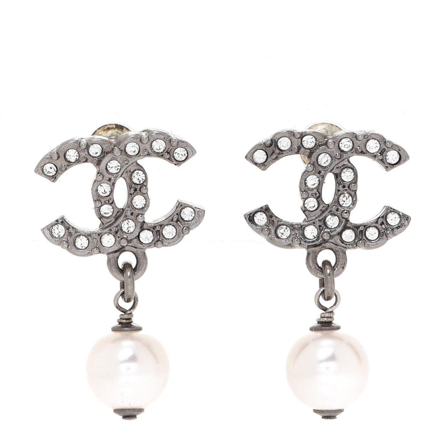 Crystal Pearl CC Drop Earrings Silver