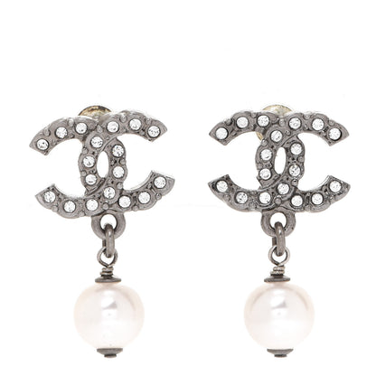 Chanel Crystal Pearl CC Drop Earrings Silver 1 of 5