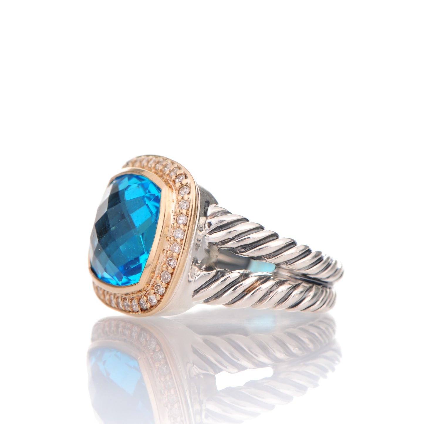 Sterling Silver 18K Yellow Gold Diamond Blue Topaz 11mm Albion Ring 53 6.5