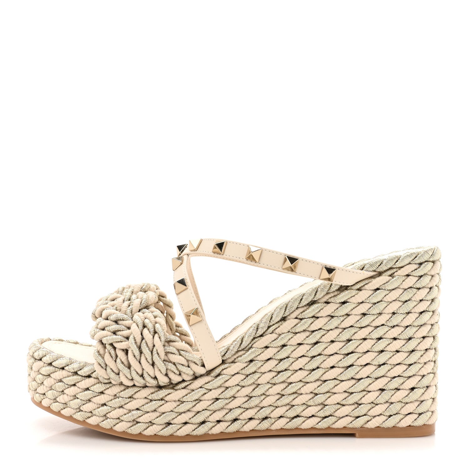 Valentino Garavani Metallic Nappa Rockstud Espadrille Wedge 25/90mm Slide Sandals 39 Silver Beige 1 of 9