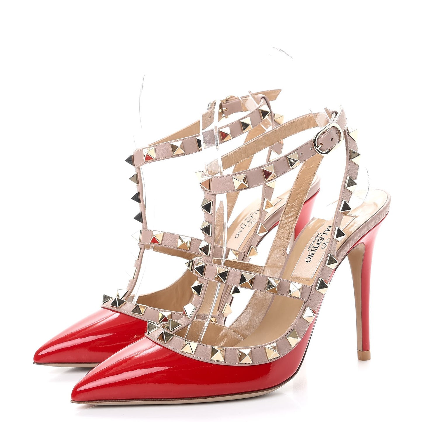 Patent Nappa Rockstud Ankle Strap 100mm Pumps 34.5 Rosso Valentino Poudre