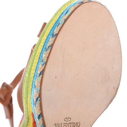 Valentino Garavani Calfskin Canvas Raffia Chevron Print 1973 Espadrille Wedge Sandals 38 Alpaca Multicolor 9 of 10