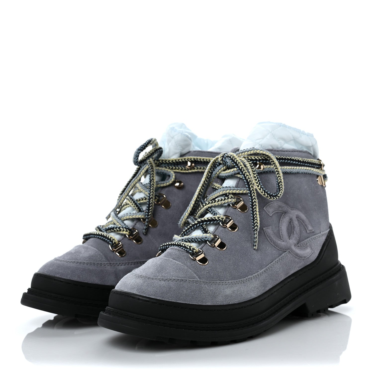 Chanel Suede Nylon Lace Up Snow Boots 37 Grey Blue 3 of 9