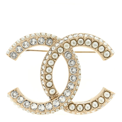 Chanel Pearl Crystal CC Brooch Gold 1 of 3