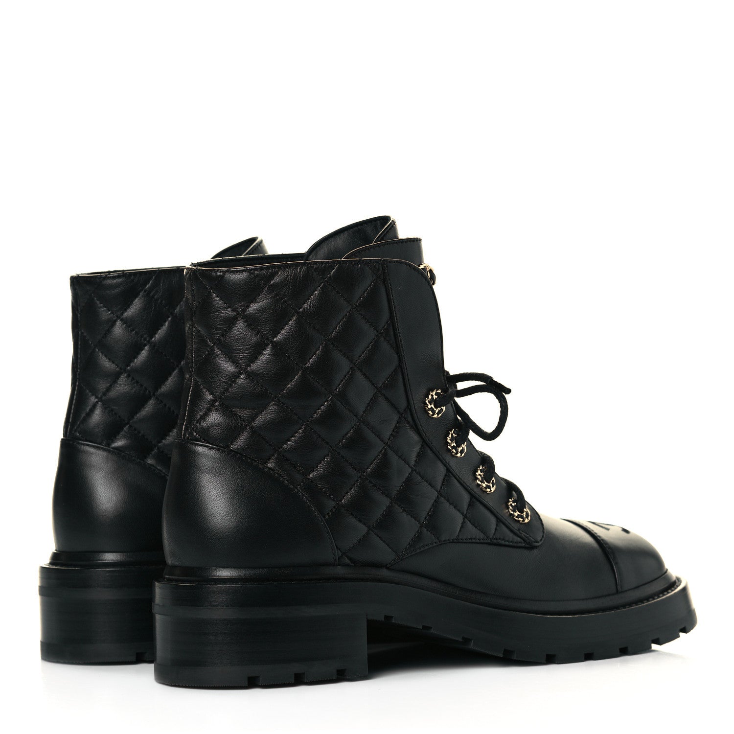 Chanel Shiny Lambskin Quilted Lace Up Combat Boots 39 Black 4 of 8