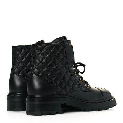 Chanel Shiny Lambskin Quilted Lace Up Combat Boots 39 Black 4 of 8