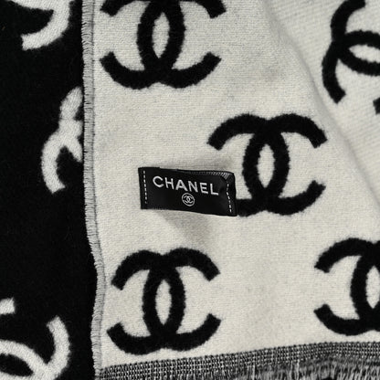 Chanel Wool Cashmere CC Scarf Black White 4 of 4