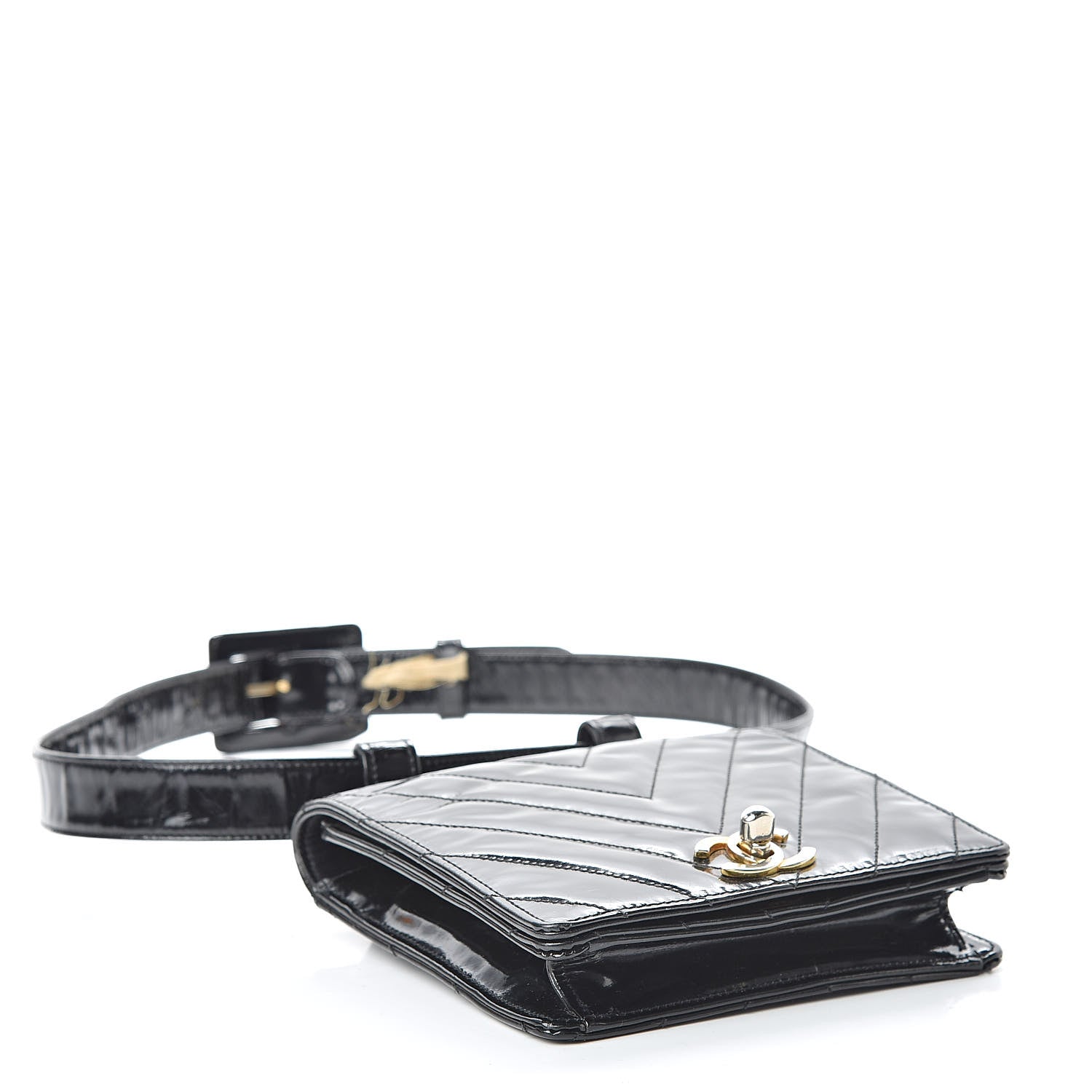 Chanel Patent Chevron Quilted Belt Bag 80 32 Black 4 of 24