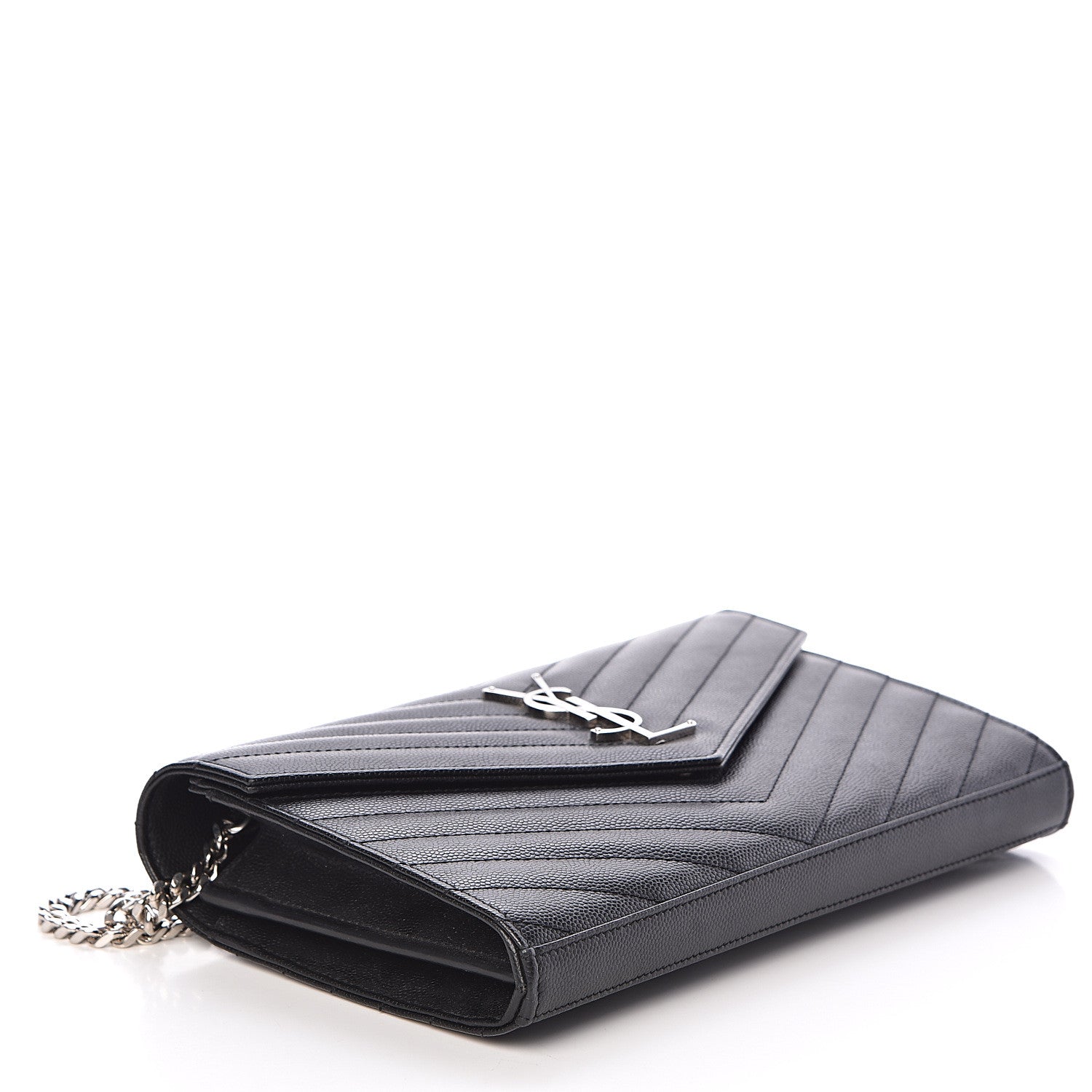 Saint Laurent Grain De Poudre Matelasse Chevron Medium Monogram Chain Wallet Black 4 of 10
