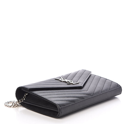Saint Laurent Grain De Poudre Matelasse Chevron Medium Monogram Chain Wallet Black 4 of 10