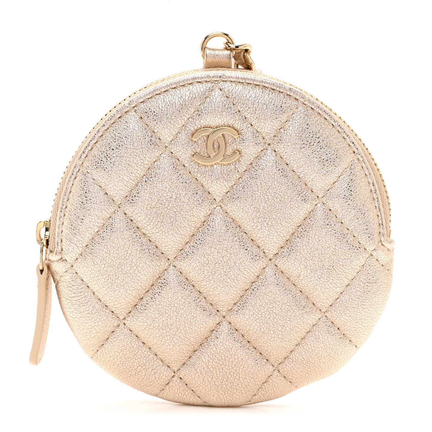 Metallic Lambskin Quilted Round Clip On Coin Purse Gold