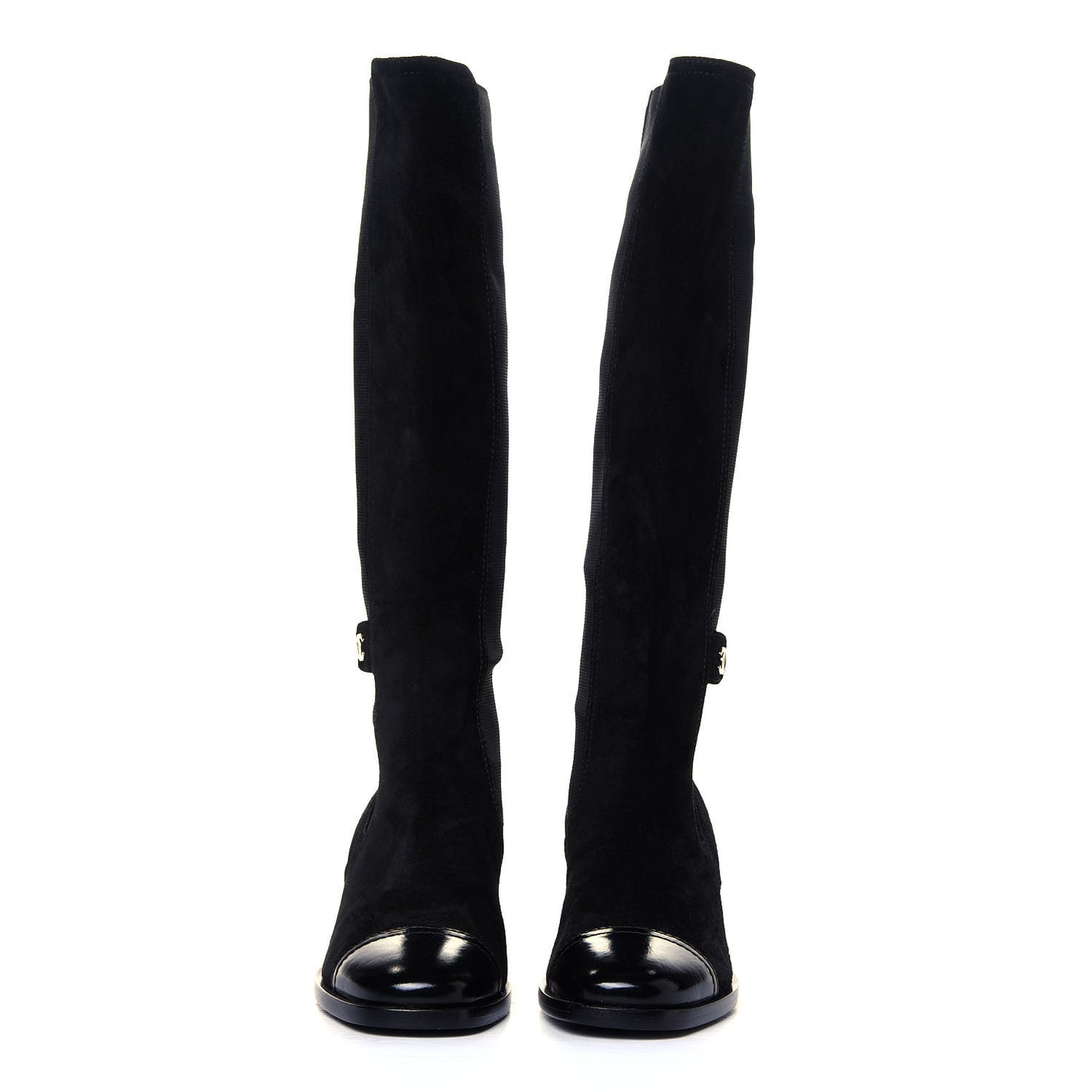 Suede Patent Calfskin CC Cork Cap Toe Tall Boots 39.5 Black