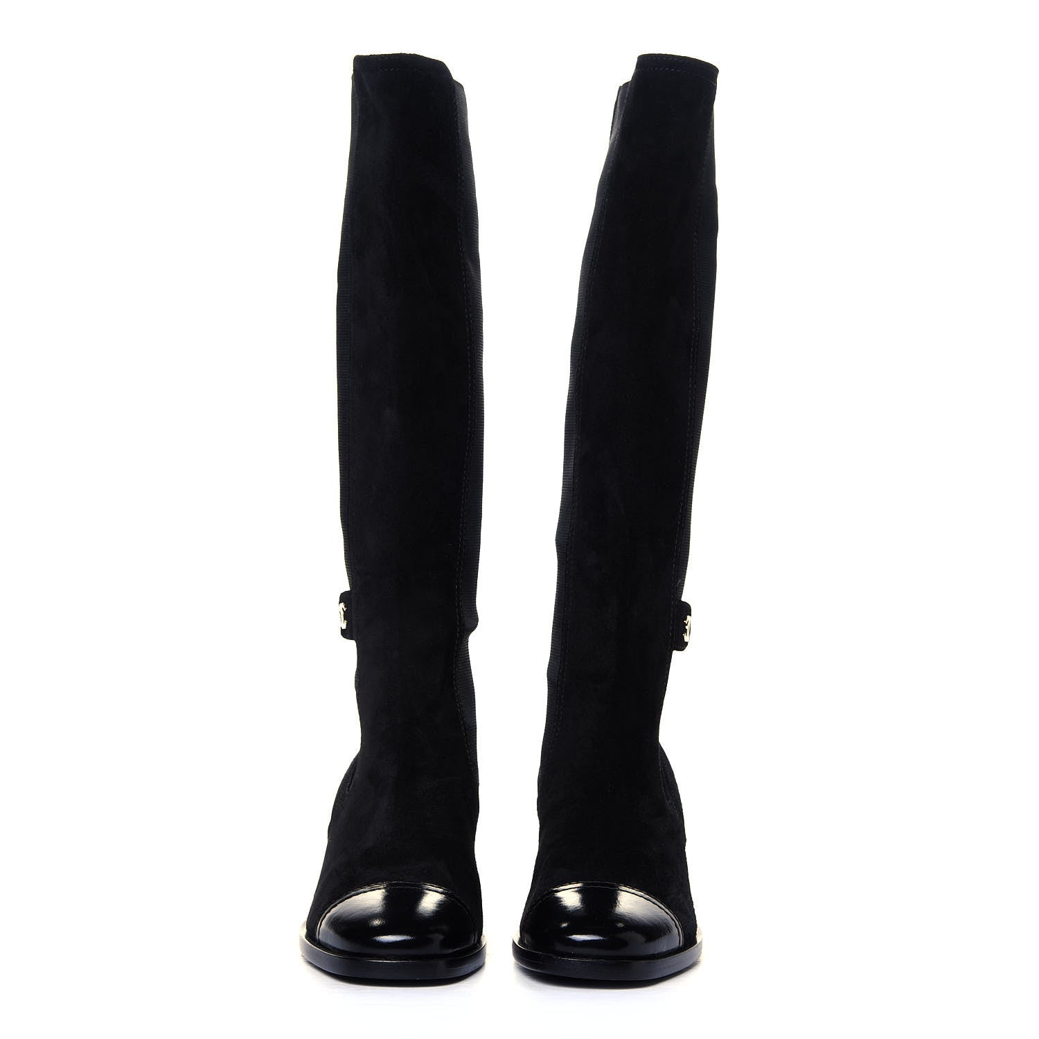 Chanel Suede Patent Calfskin CC Cork Cap Toe Tall Boots 39.5 Black 4 of 6