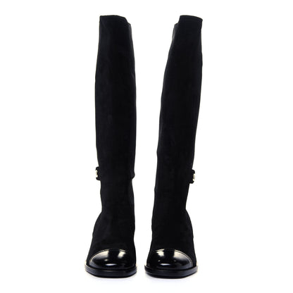 Chanel Suede Patent Calfskin CC Cork Cap Toe Tall Boots 39.5 Black 4 of 6